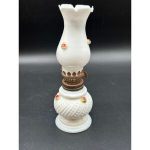 Vintage Miniature Lamp Milk Glass Hobnail Boudoir Floral Roses Victorian Style